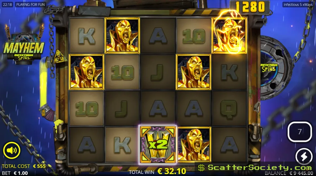 Infectious 5 xWays Mayhem Mode bonus screen showing golden hero symbols stacked alongside locking multiplying wilds