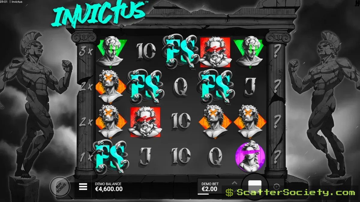 Invictus base game grid showing a visible Left Multiplier panel beside the reels with a climbing value