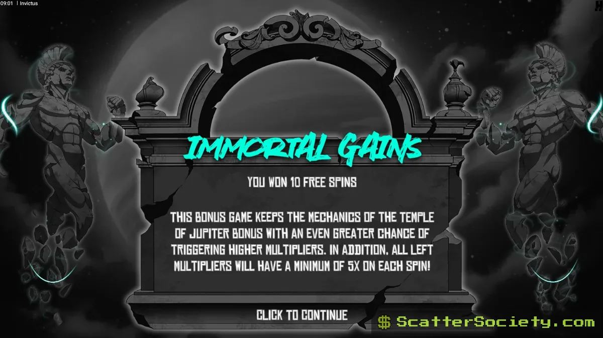 Invictus grid showing a 5 of a kind win revealing the hidden Right Multiplier alongside the visible Left Multiplier