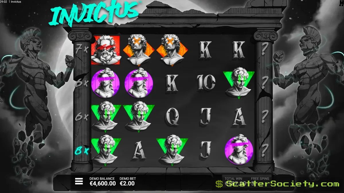 Invictus Dominus Maximus bonus screen showing all three Left Middle and Right Multipliers combining on a 5 of a kind win