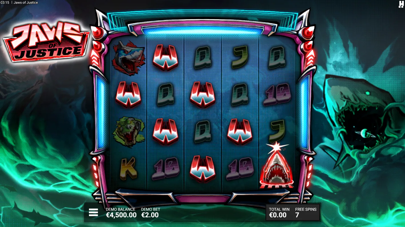 Jaws of Justice Nuclear Nebula bonus screen showing a guaranteed Laser Shark firing across the cosmic themed grid