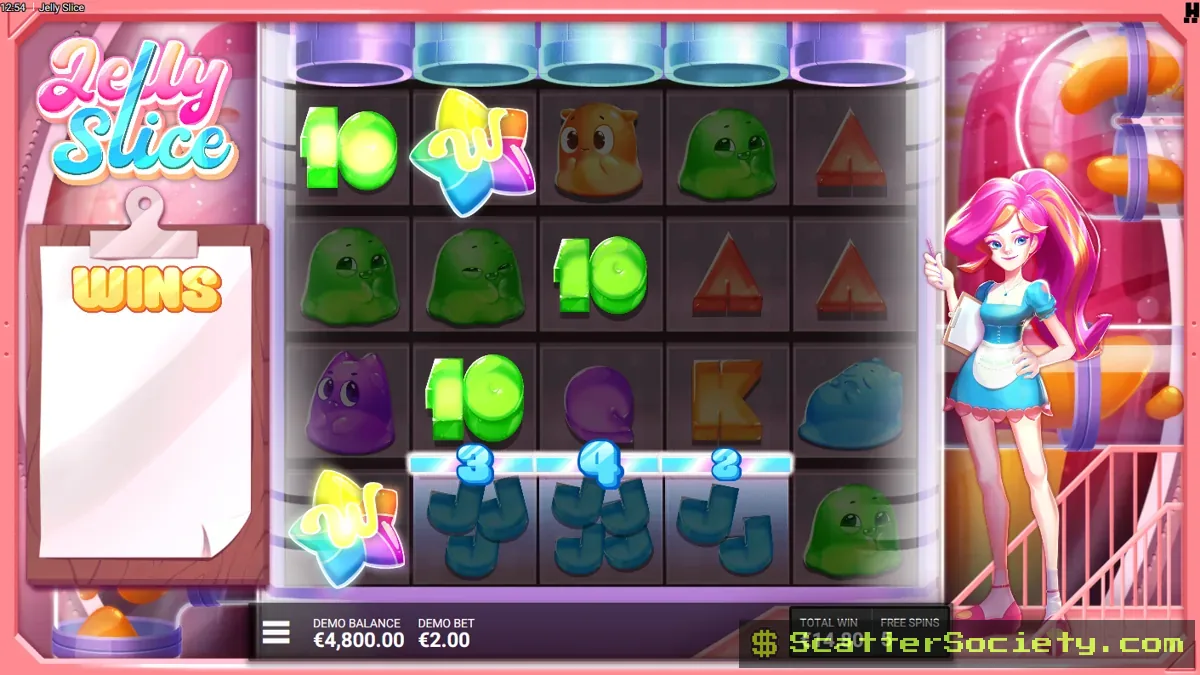 Jelly Slice Razor-Sharp Free Spins bonus screen showing an increased frequency of Slicer symbols across the expanded grid