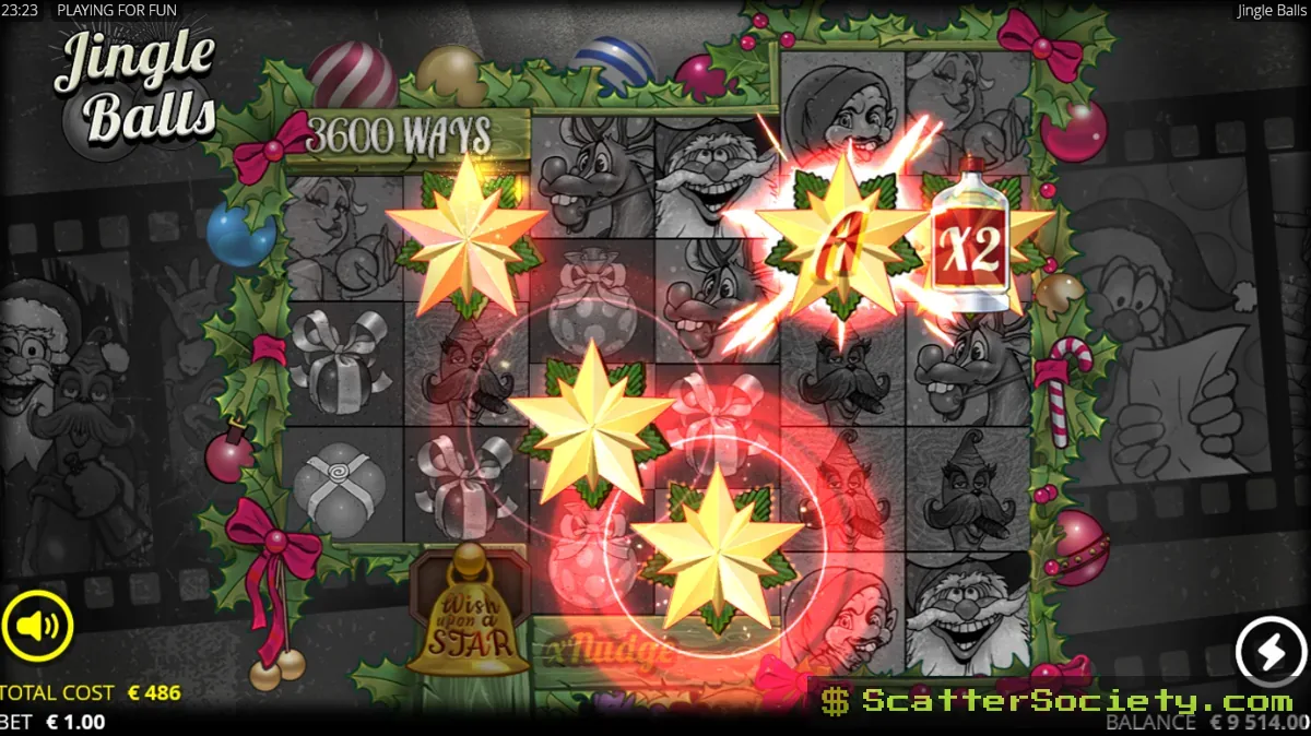 Jingle Balls grid showing a red xNudge Wild christmas ball symbol nudging across reel 3