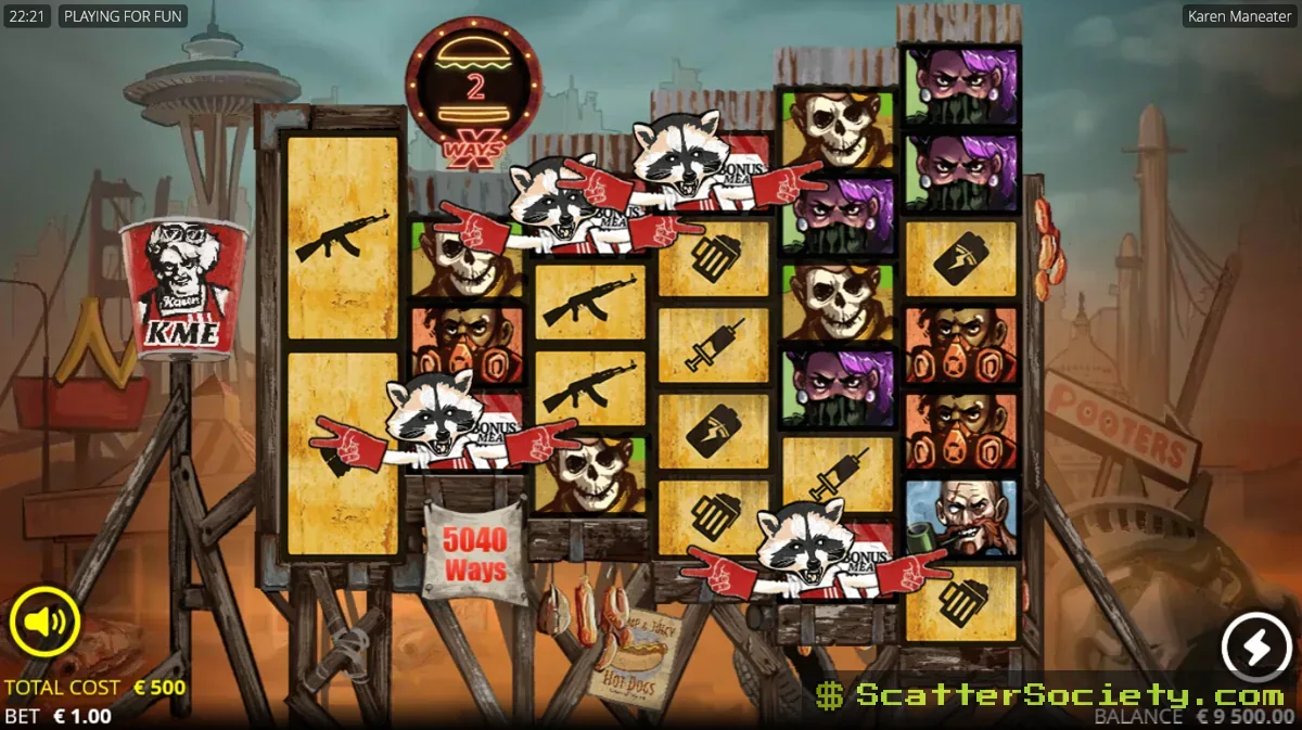 Karen Maneater base game grid showing a Sticky xWays symbol expanding and remaining locked in place across multiple spins