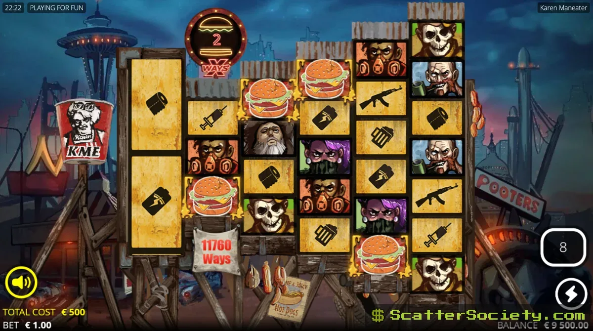 Karen Maneater Deluxe Bonus Meal bonus screen showing an expanded grid with Infectious Wilds active from the start of the round