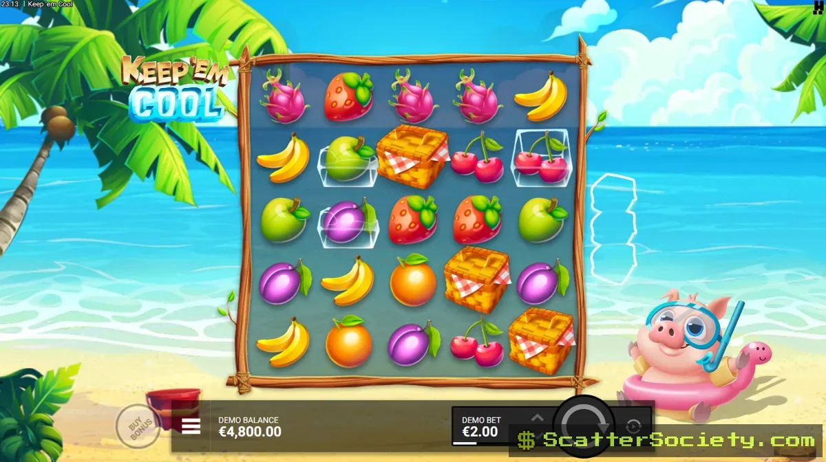 Keep 'em Cool base game grid showing fruit symbols in fully frozen, half-frozen and unfrozen states
