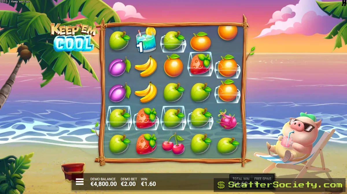 Keep 'em Cool Sunset Picnic bonus screen showing an active cascade sequence with multiple frozen symbols melting simultaneously