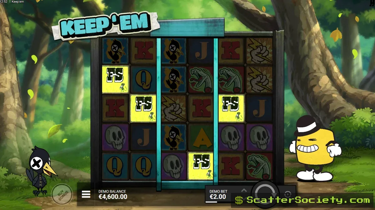 Keep'em base game grid showing multiple Cash symbols being collected toward a prize among forest-themed icons