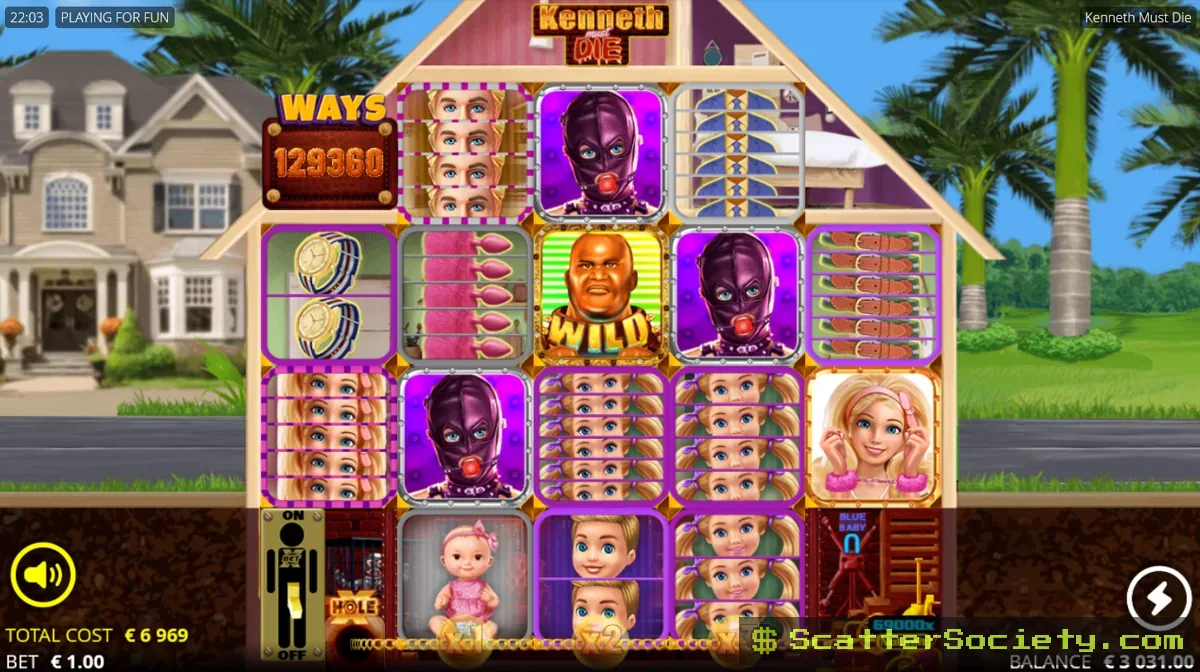 Kenneth Must Die base game grid showing the xHole symbol sucking in surrounding symbols from the center position