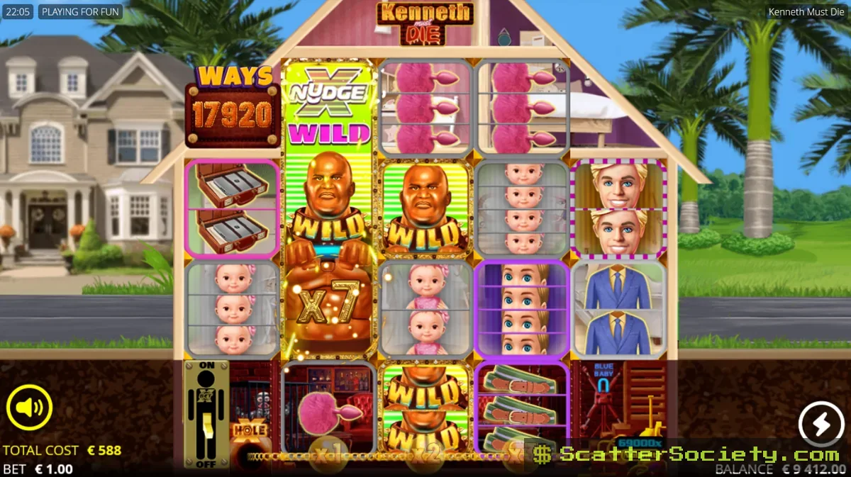 Kenneth Must Die Beefiest Spins bonus screen showing the xHole activated alongside sticky Gimpier and xNudge Wild symbols