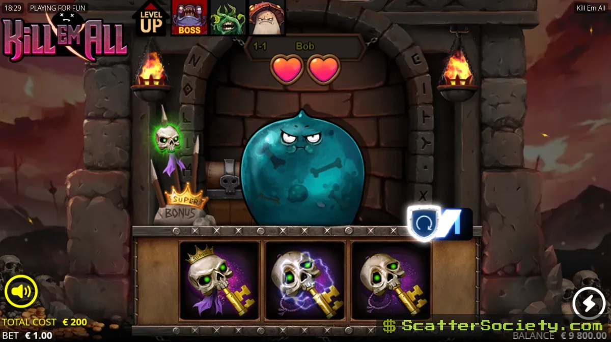Kill Em All single-row combat grid showing weapon symbols attacking a monster character with a visible health bar
