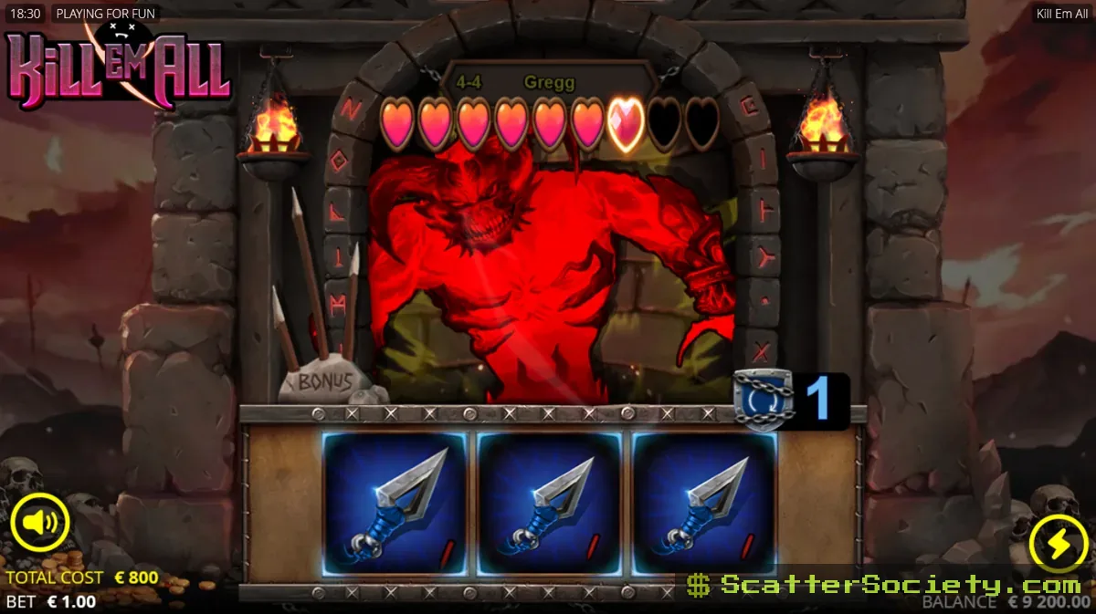 Kill Em All Dungeon Domination Spins bonus screen showing a boss monster with multiple lives remaining and an active multiplier