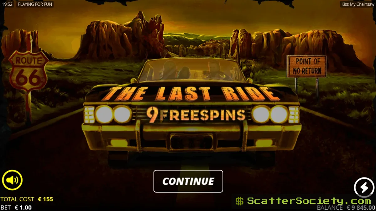 Kiss My Chainsaw The Ride feature showing the grid expanding by one row with an increased wild multiplier cap