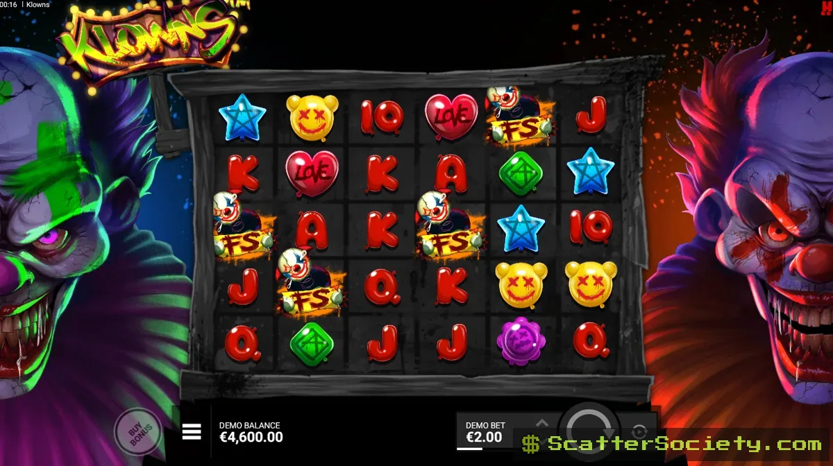 Klowns base game grid showing balloon shaped symbols connecting across the scatter pays layout among Needle Box icons