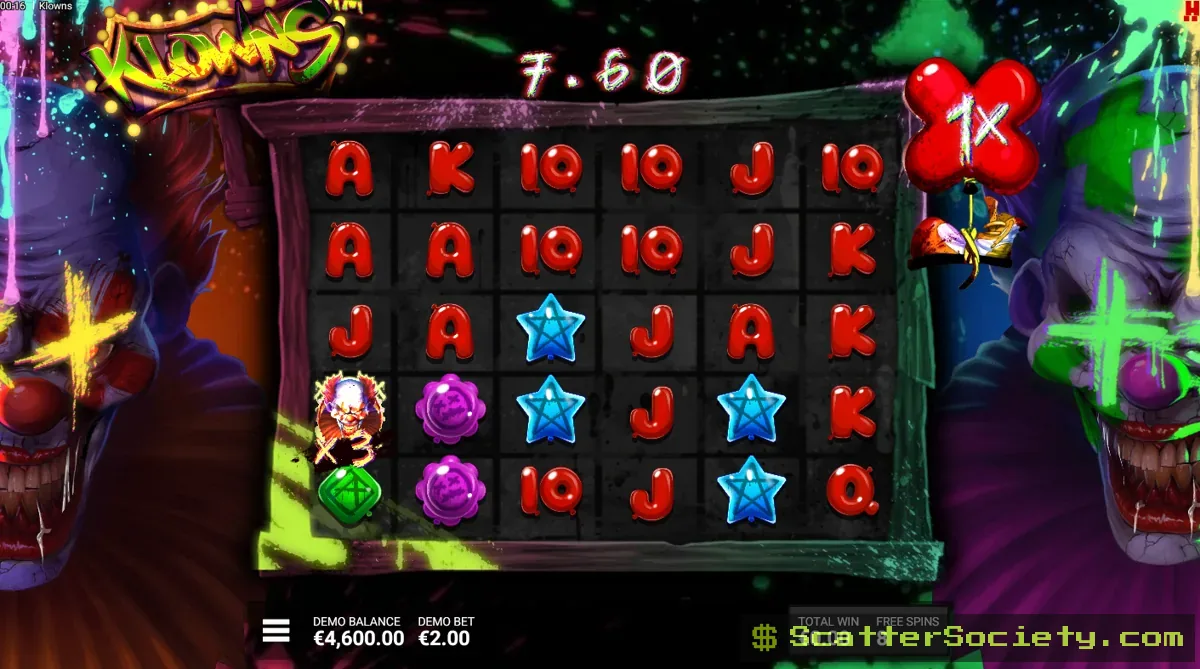 Klowns bonus screen showing the Bounty Balloon system accumulating a large multiplier value across an extended free spins round