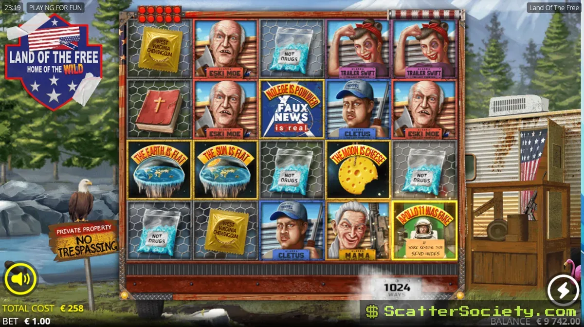 Land of the Free base game grid showing the Conveyor Belt beneath the reels delivering a Bottle crate modifier
