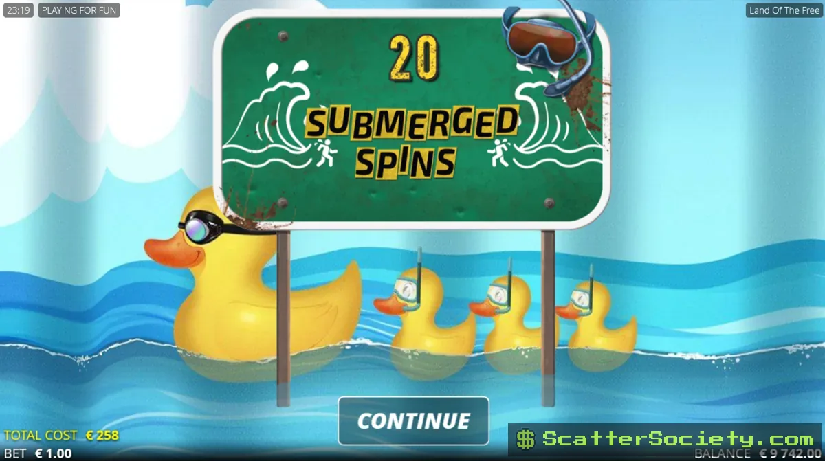 Land of the Free bonus round showing a fully stacked Benzo Bear converting all submerged symbols into wild symbols