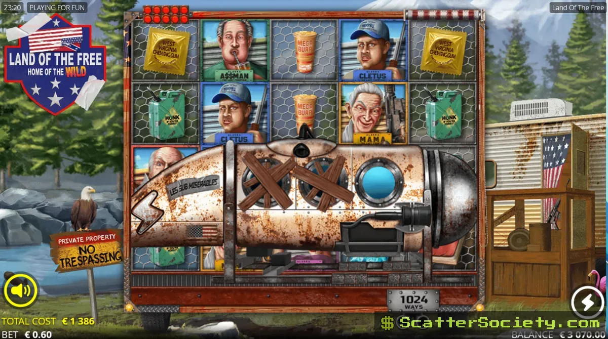 Land of the Free Titan Spin feature showing a submarine window revealing a President symbol for an instant multiplier win