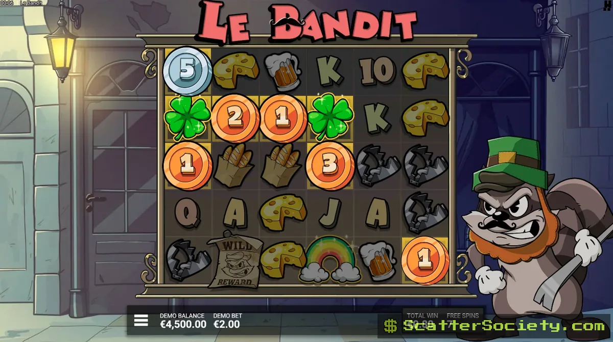Le Bandit Treasure at the End of the Rainbow bonus screen showing a guaranteed Rainbow symbol landing alongside fully illuminated squares