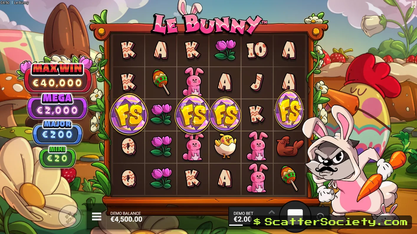Le Bunny base game grid showing multiple Golden Squares illuminated among Easter spring themed symbols