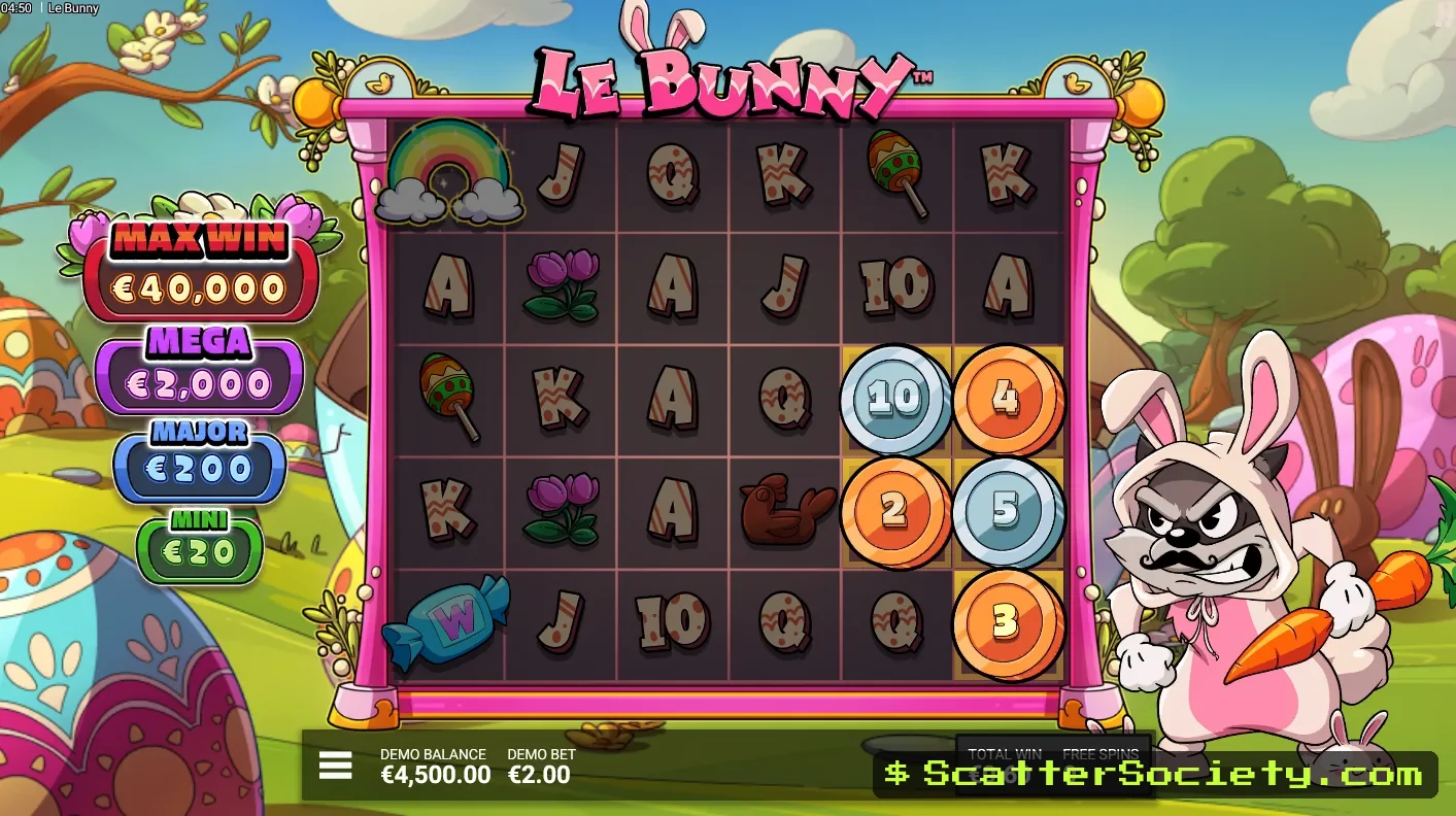 Le Bunny Rainbow Riches bonus screen showing a guaranteed Rainbow symbol revealing high value Silver and Gold Coins