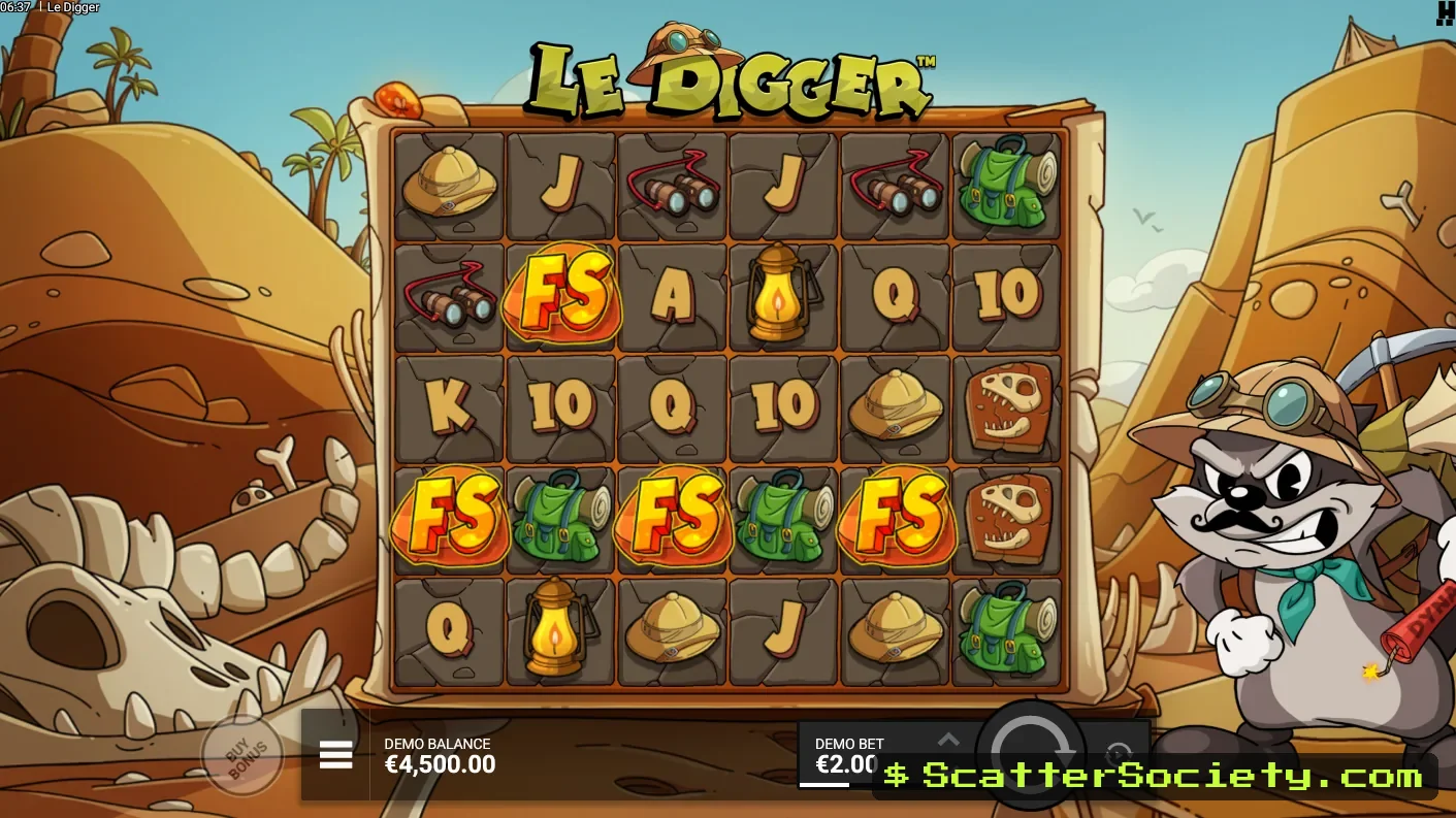 Le Digger base game grid showing a cascade removing a layer and revealing instant coin and diamond prizes underneath