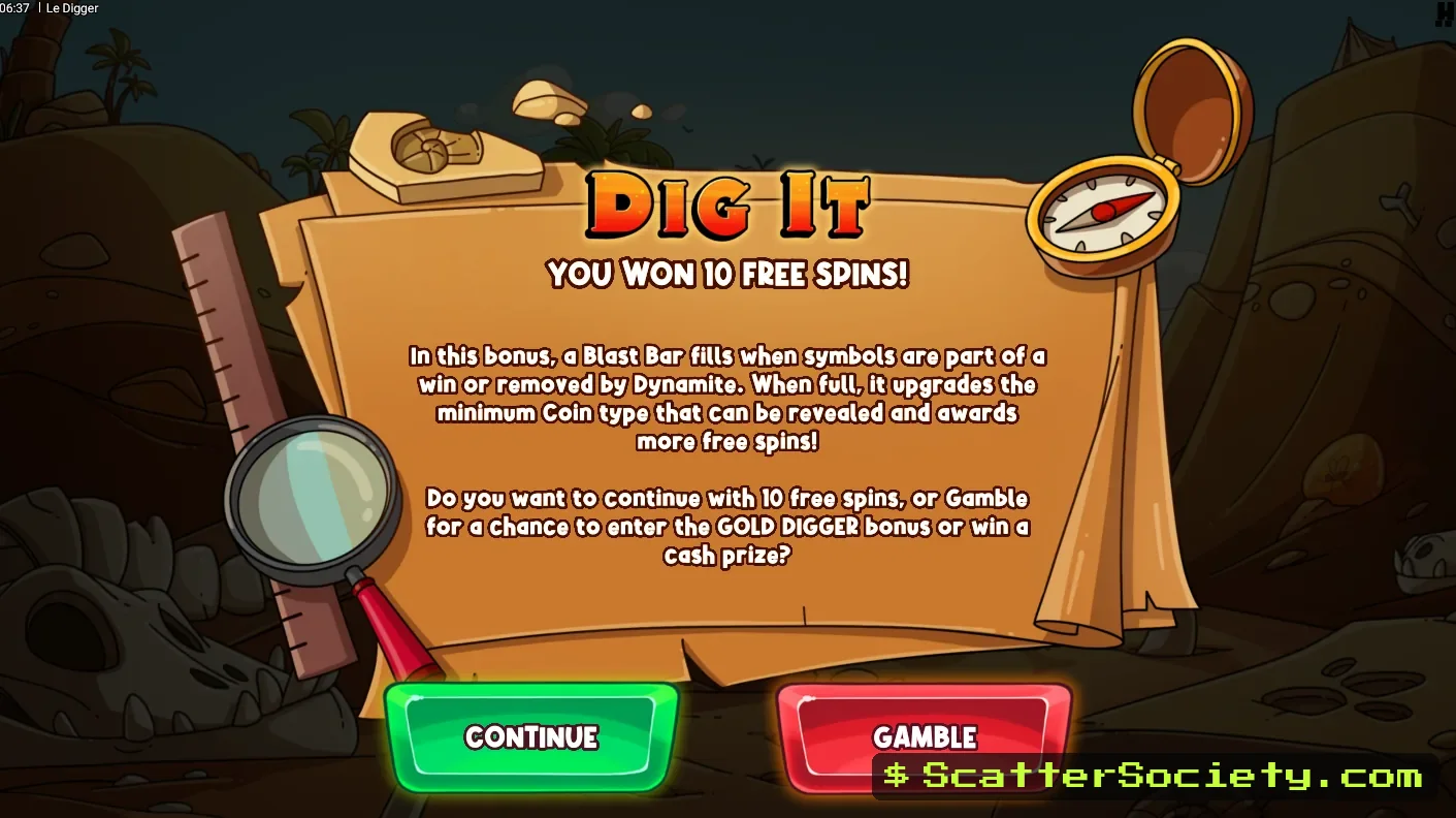 Le Digger grid showing dynamite symbols exploding 2x2 areas and triggering a chain reaction of new wins