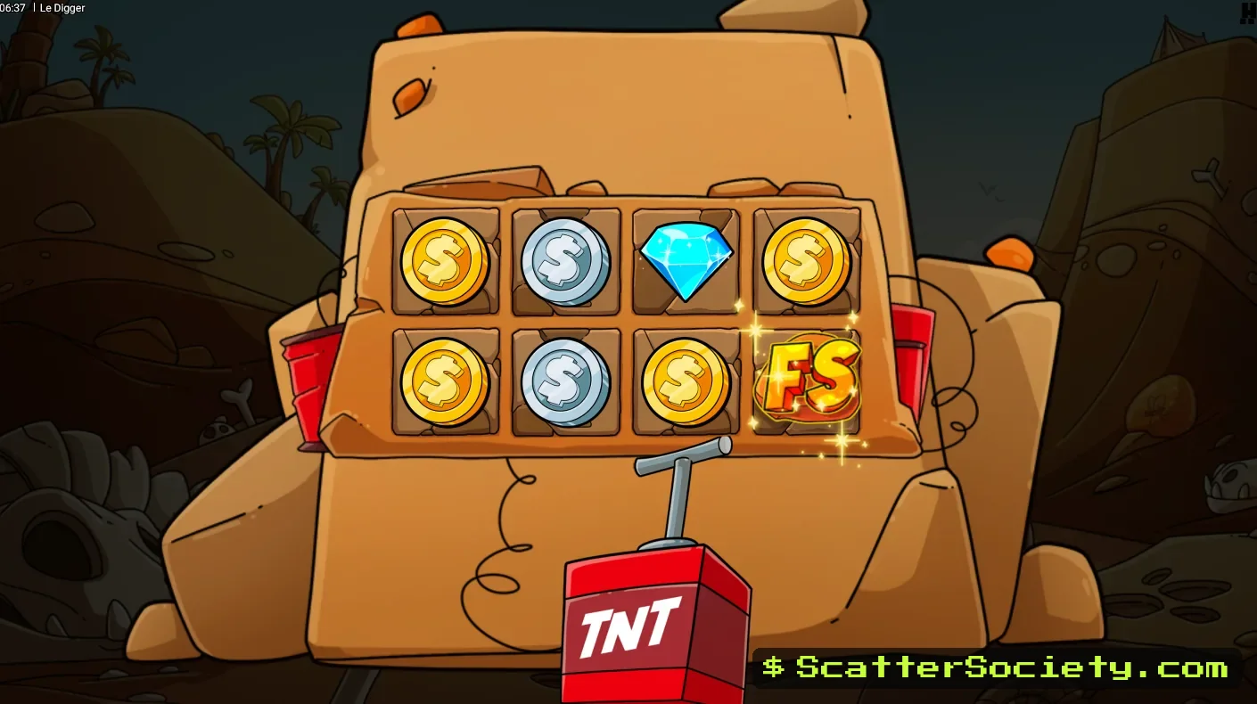 Le Digger Gold Digger bonus screen showing 5 dynamites thrown by Smokey exploding across the grid on a single spin