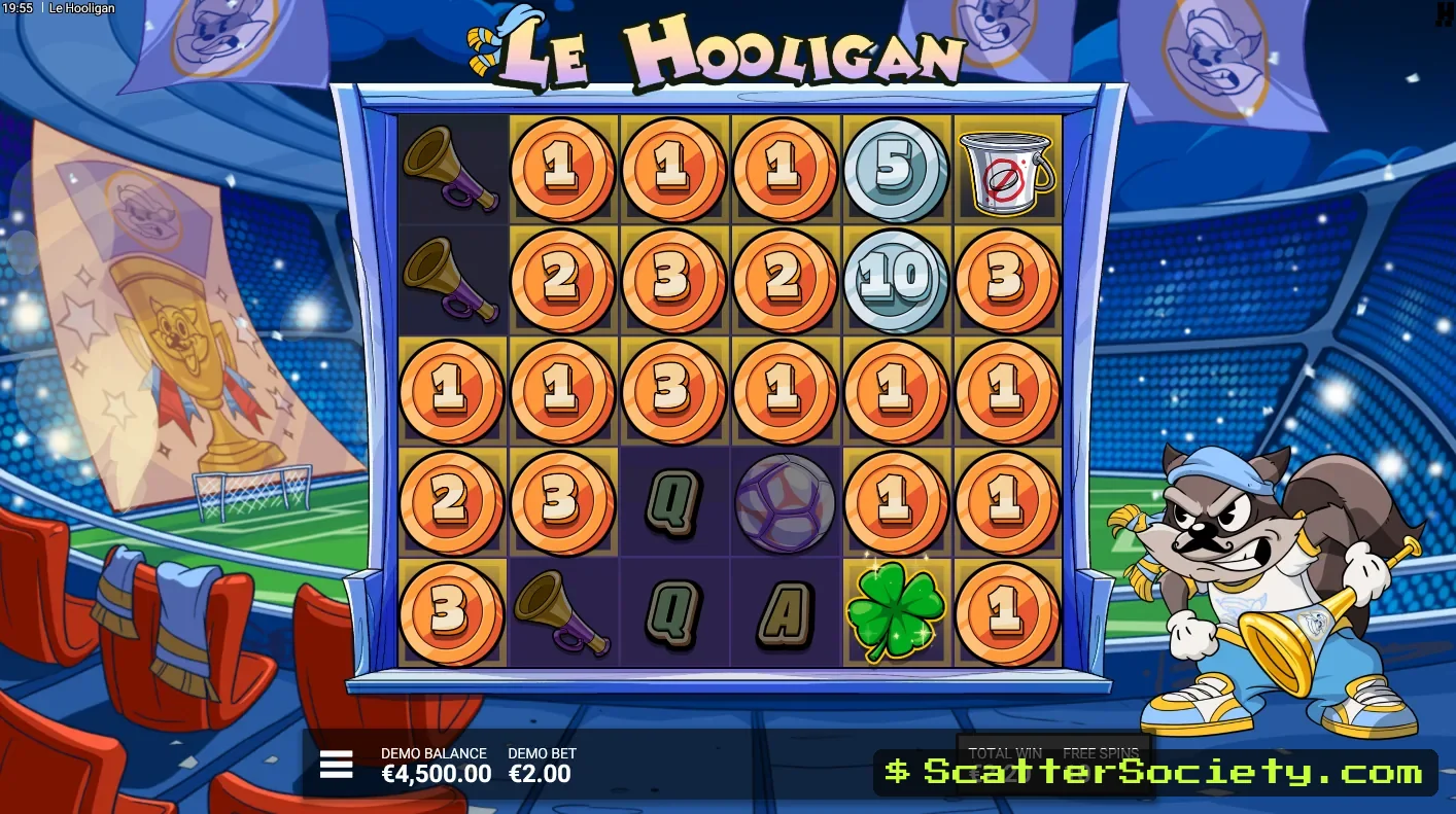 Le Hooligan top tier bonus screen showing a guaranteed Rainbow symbol revealing high value coins every spin
