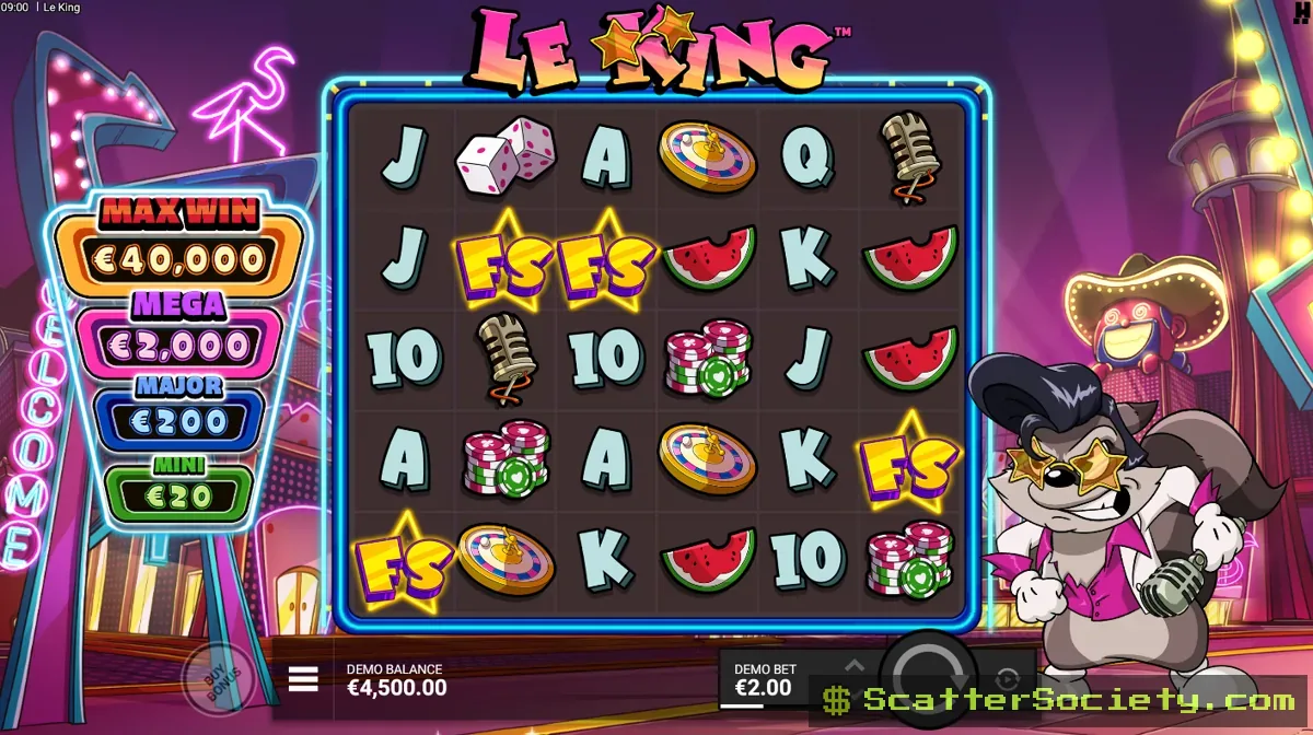 Le King base game grid showing multiple Golden Squares illuminated among Vegas casino themed symbols