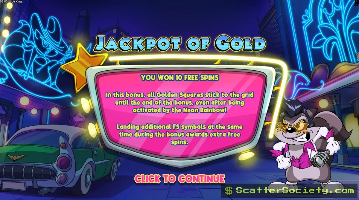 Le King grid showing a Neon Rainbow symbol revealing coin values and multipliers across multiple Golden Squares