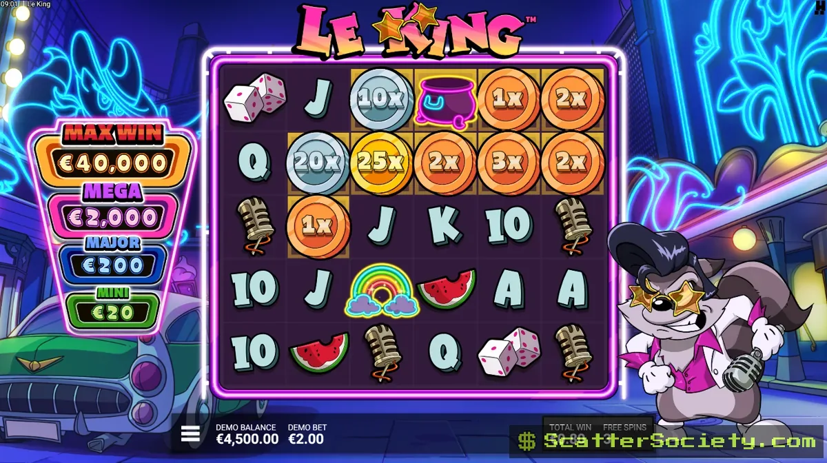 Le King Jackpot of Gold bonus screen showing the Max Win Jackpot Marker landing alongside a Neon Rainbow symbol
