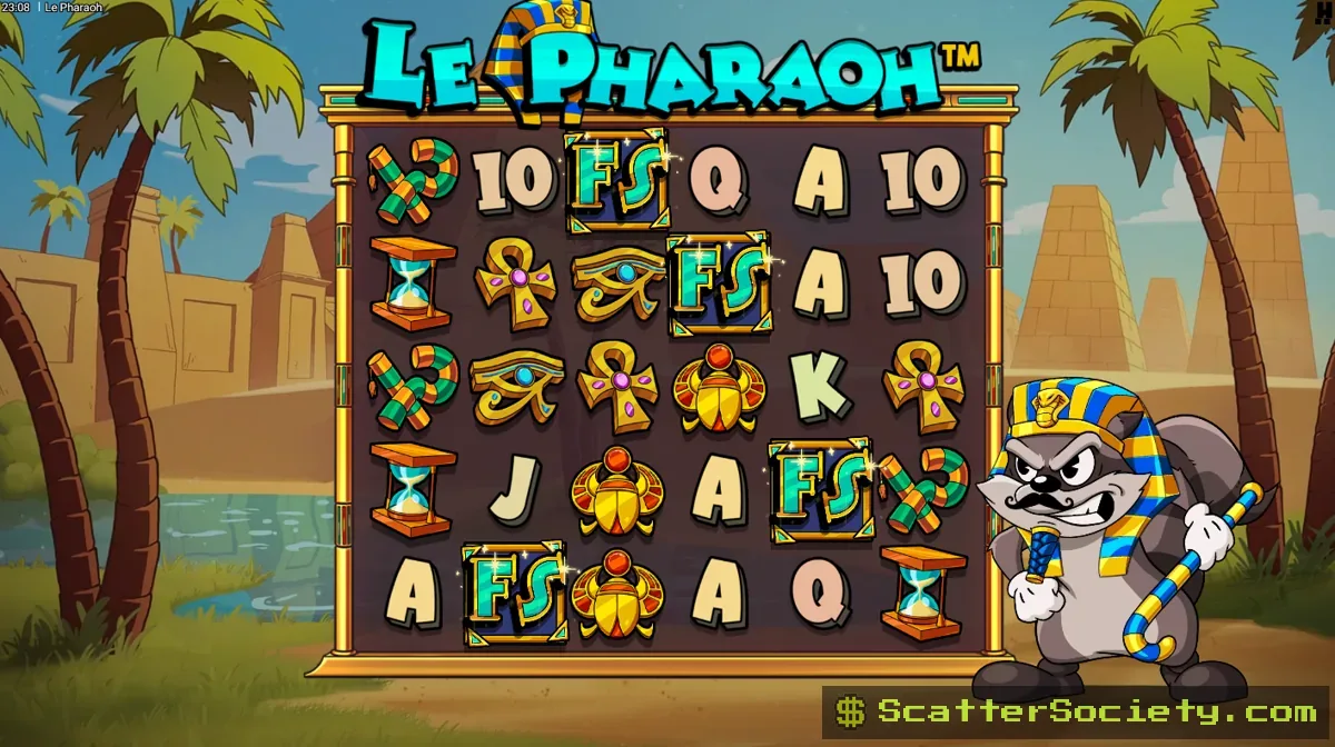 Le Pharaoh base game grid showing a Sticky Re-drop symbol turning into a Golden Square among Egyptian themed icons