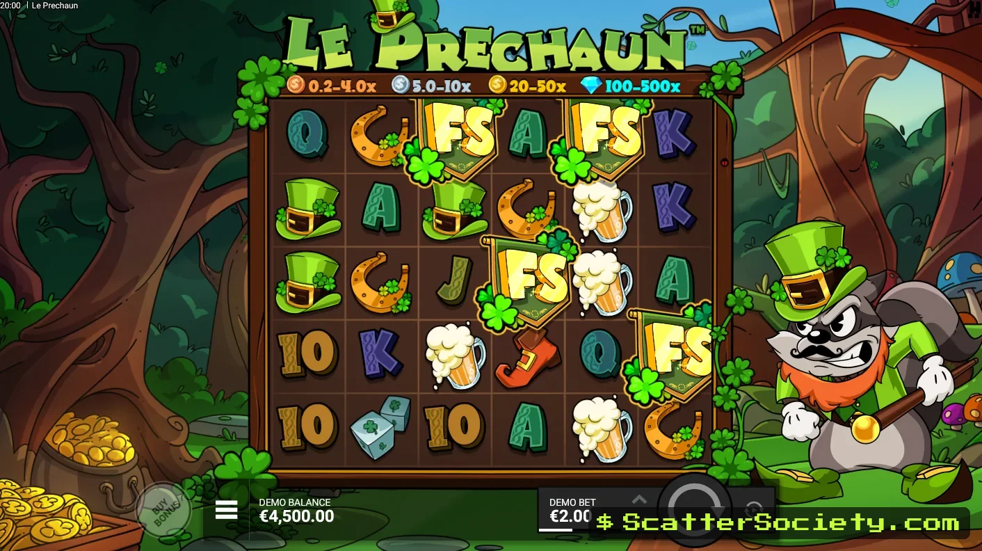 Le Prechaun base game grid showing Golden Squares waiting beneath an Irish treasure hunt themed cluster grid