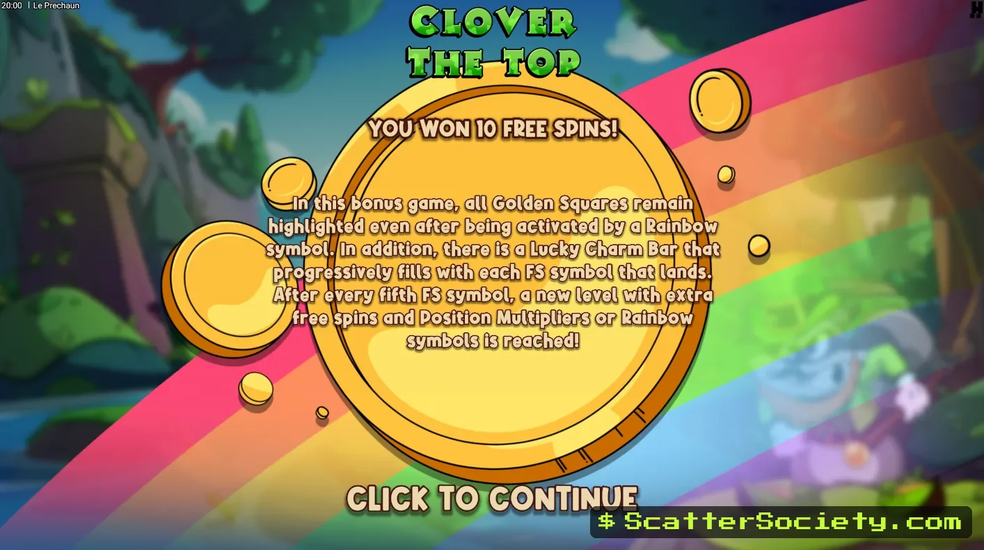 Le Prechaun grid showing an Epic Rainbow turning the entire grid gold and guaranteeing prizes on every position