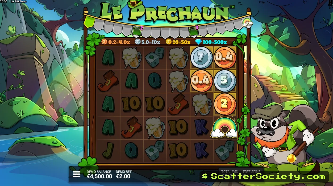 Le Prechaun Shamrock n Roll bonus screen showing Level 3 of the Lucky Charm Bar guaranteeing a Rainbow every spin