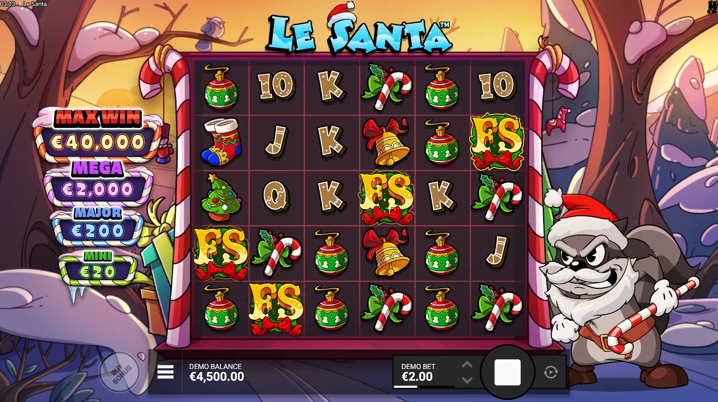 Le Santa base game grid showing multiple Golden Squares illuminated among festive Christmas themed symbols