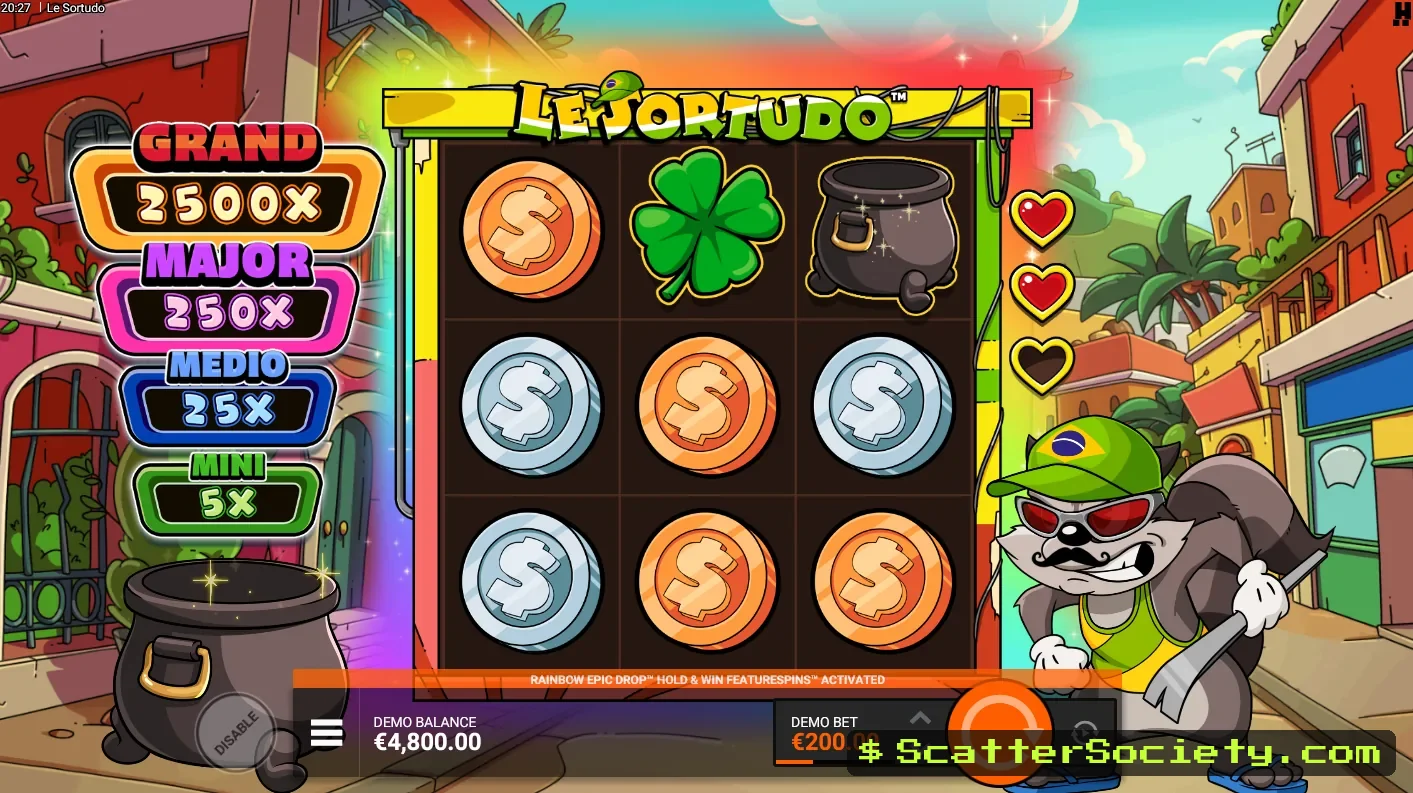 Le Sortudo base game grid showing coin and jackpot marker symbols across the compact 3x3 layout