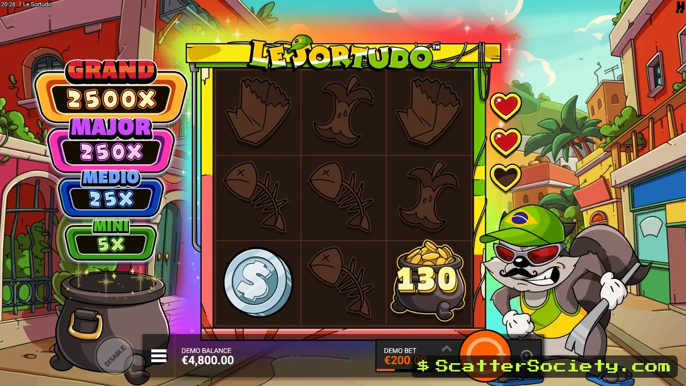 Le Sortudo grid showing the Rainbow Fortune Hold and Win feature with sticky coins and a Pot of Gold collector