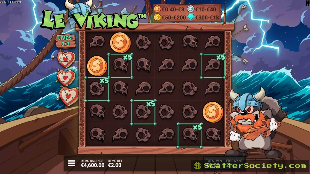 Le Viking grid showing the Raid Spins bonus feature with refillable spin counters active alongside stacked Viking symbols