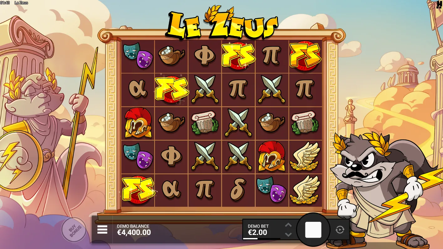 Le Zeus base game grid showing a Mystery symbol among Greek mythology themed icons on a golden Mount Olympus backdrop