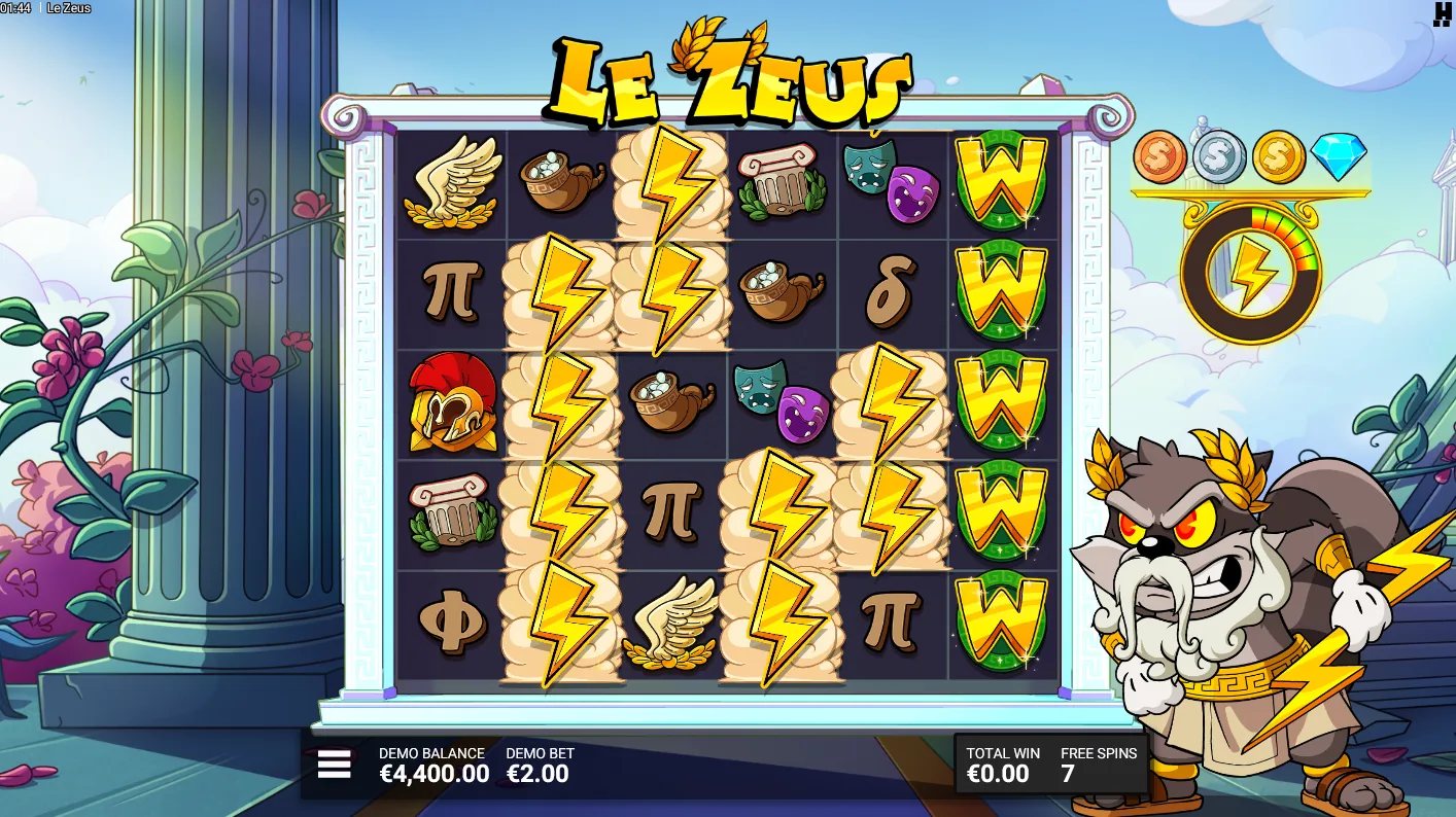 Le Zeus Gods Just Wanna Have Fun hidden bonus screen showing reels filled with sticky Mystery symbols from the first spin
