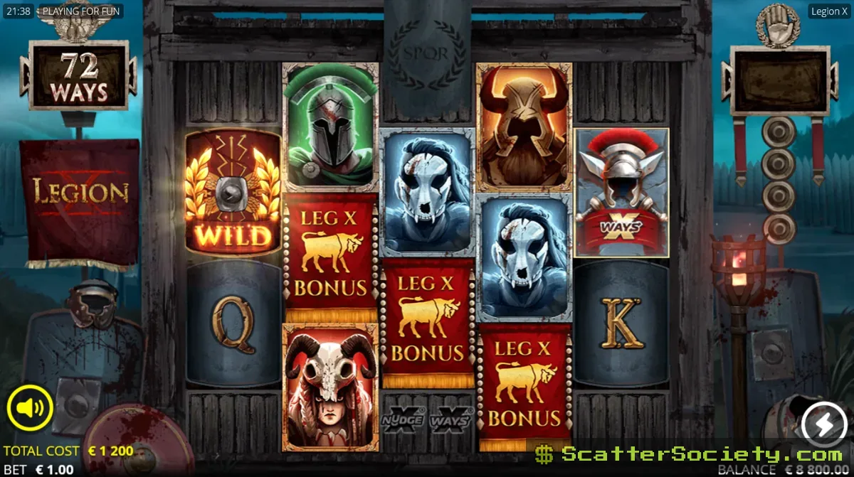 Legion X base game grid showing an xNudge Wild symbol nudging fully into view on a middle reel