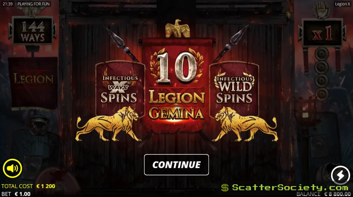 Legion X grid showing Infectious Wilds turning every low value symbol on the three middle reels wild simultaneously
