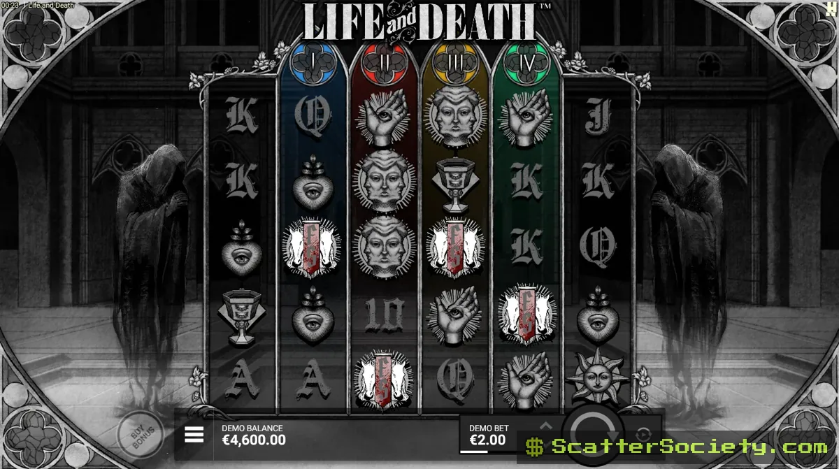 Life and Death base game grid showing a colored Wild Multiplier marker above a reel carrying an attached multiplier value