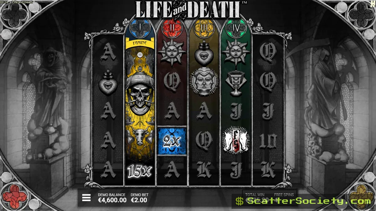 Life and Death Reckoning Bonus screen showing persistent Death Reels remaining active across several consecutive free spins