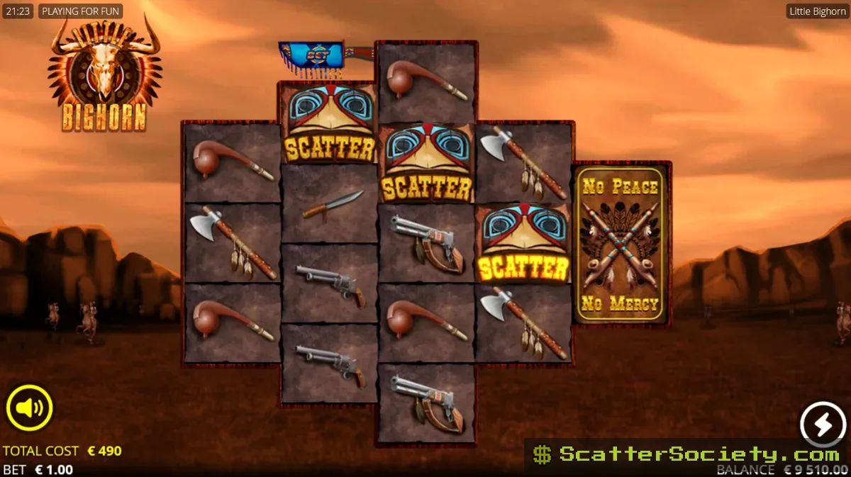 Little Bighorn base game grid showing the Scalp Wild symbol nudging into place on the tallest middle reel