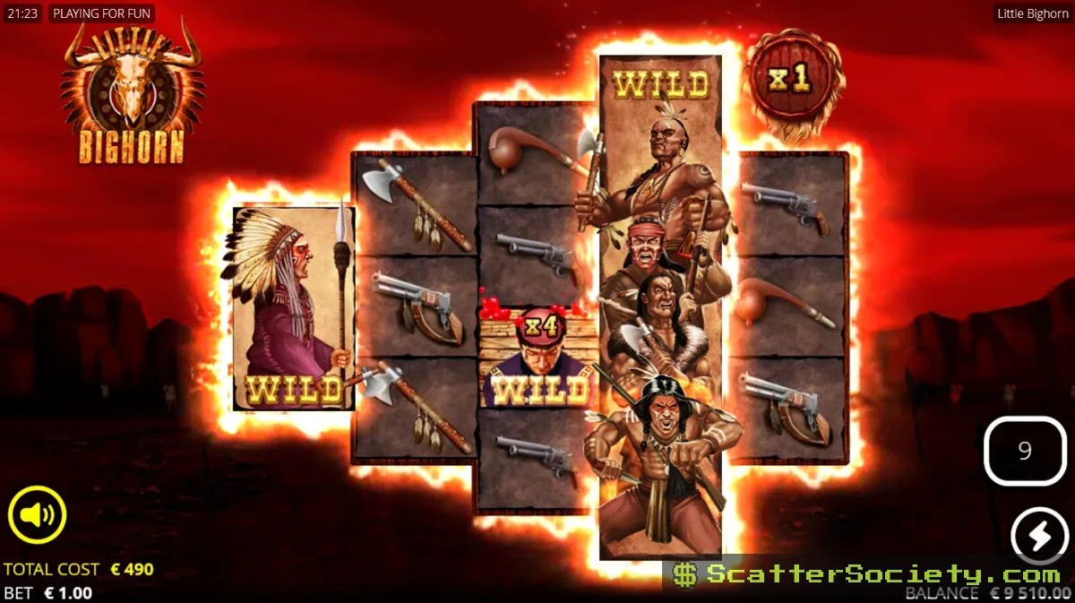 Little Bighorn Spirit Call Freespins bonus screen showing the No Mercy symbol locked on reel 1 with a rising multiplier