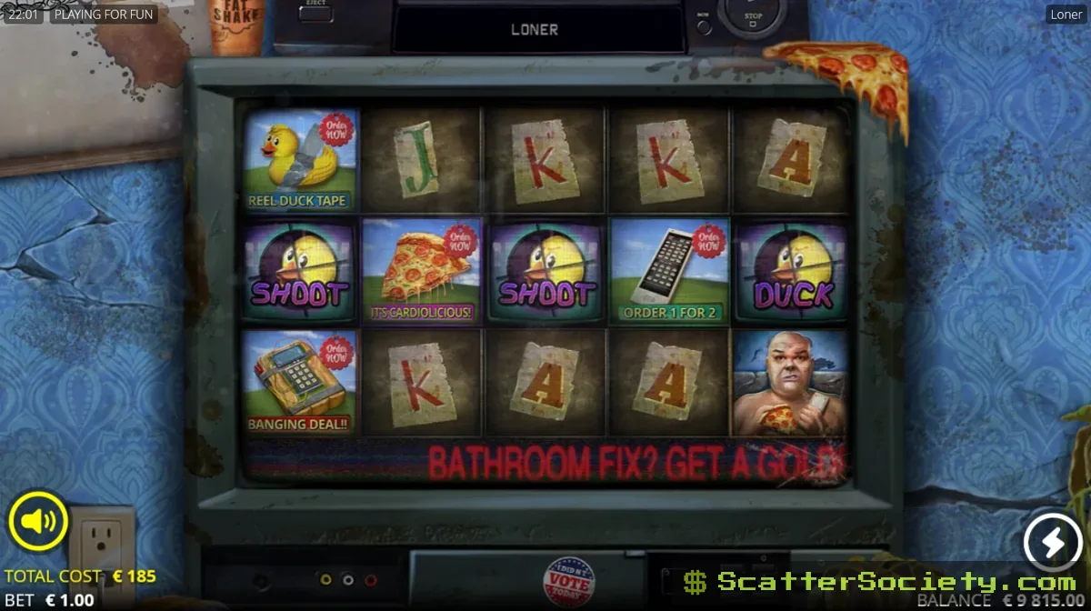 Loner base game grid showing a Monitor symbol on reel 1 revealing a Wild symbol modifier