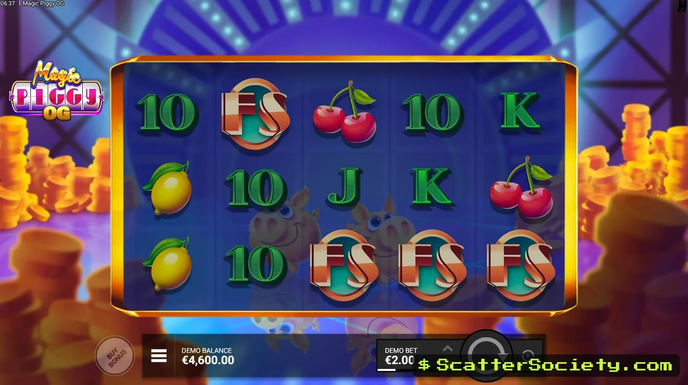 Magic Piggy OG base game grid showing a Magic Hat landing and piggy symbols preparing to reveal prizes